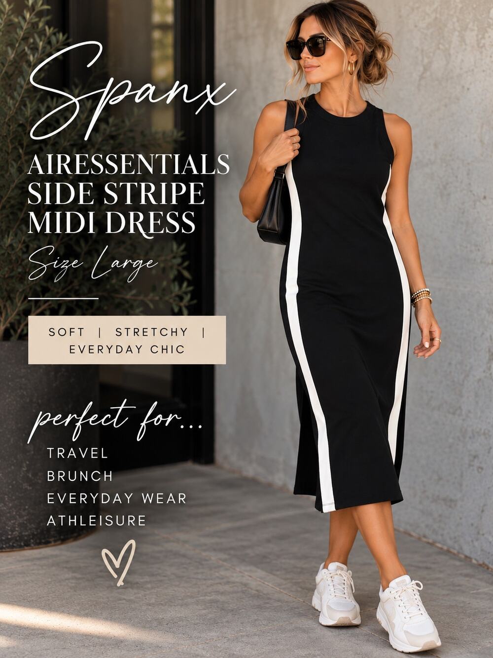 New SPANX Air Essentials Side Stripe Midi Dress Large Black White Sleeveless